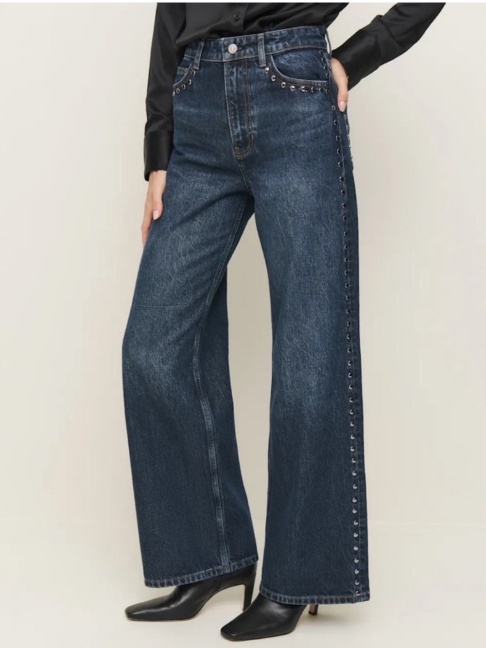 Reformation Cary High Rise Mille Studded Slouchy Wide Leg Jeans Blue Size 27